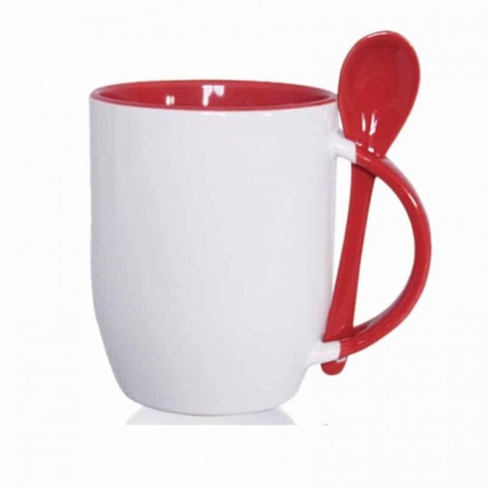 12oz Сублимационная Кружка с Ложкой, Внутри и Ручка Красная (350 мл)