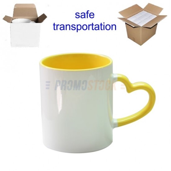 11oz Сублимационная Кружка в инд. упаковке, Ручка Сердце, Желтая (320 мл)